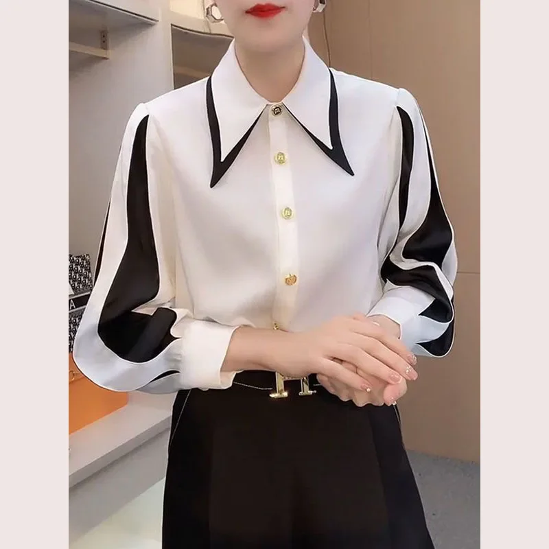 

Elegant Lapel Spliced Loose All-match Shirt Women's Clothing Winter New Long Sleeve Casual Tops Office Lady SQ16