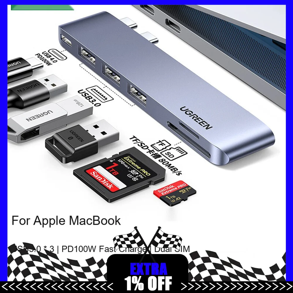 UGREEN 60560 USB C Hub 6 in 1 40Gbps with USB 3.0 SD TF Card Reader PD 100W Type C Dock for MacBook Pro Air Laptop