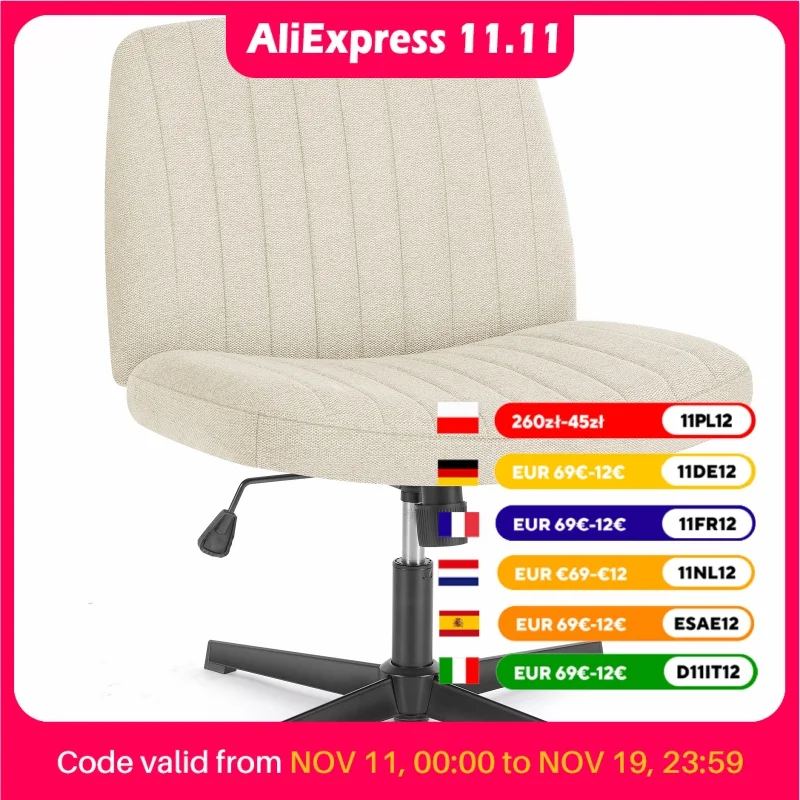 JHK Cross Legged Office Living Room Rocking Gaming Chair Armless Wide Desk Adjustable Swivel Fabric Task Vanity Home Office