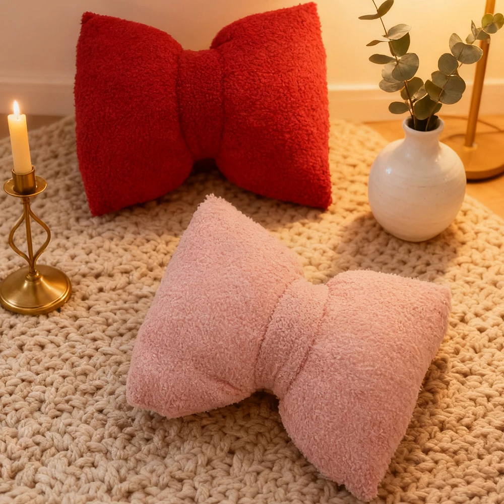 BUYNOW 1PC Solid Color Plush Bow Pillow with Filling Minimalist Korean-style Ins Living Room Sofa Cushion Cover Home Bedroom Dec