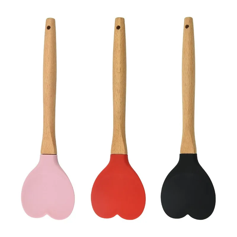 Silicone Cooking Spoon Heart Shape Beech wood Kitchen Tools Stirring Mixing Ladle Wooden Handle Heat Resistant for Lover or Wife