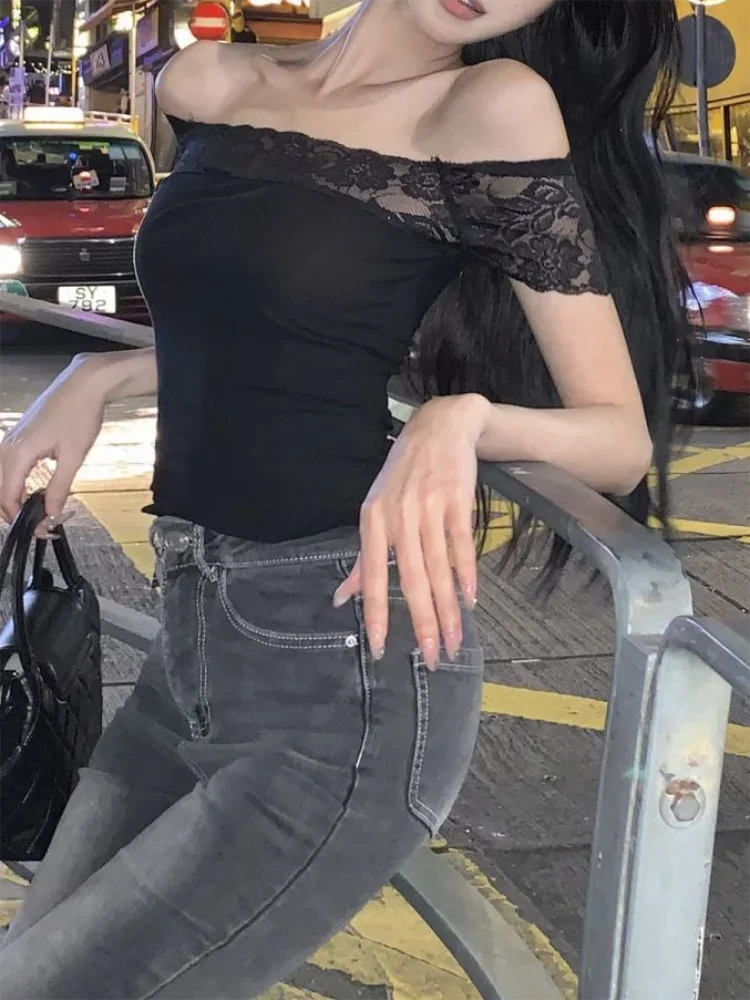 Top sexy con spalle scoperte patchwork in pizzo nero Canotta estiva senza maniche senza schienale solida da donna Abiti estetici da club