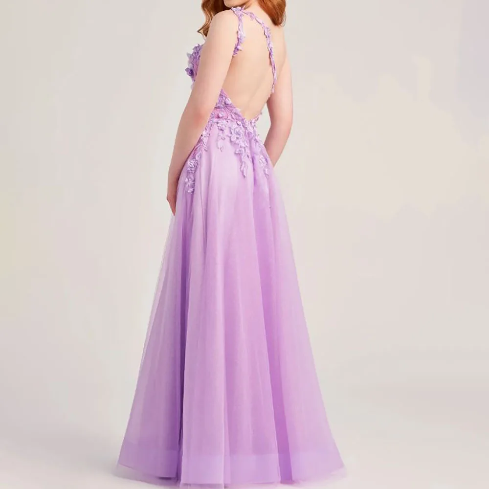 A-Line Tulle One Shoulder Sleeveless Lace Applique Sequin Open Back Floor Length Prom Dress Robe de Bal