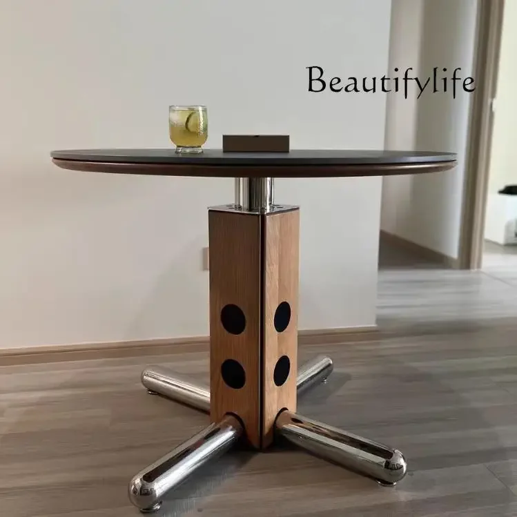 Mid-Ancient round Table Designer Retro Small Apartment Stainless Steel Creative Bauhaus Solid Wood Stone Plate Dining Table