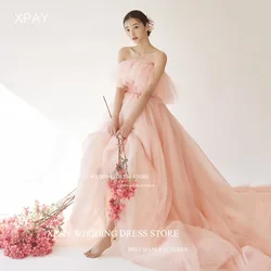 XPAY Strapless Blush Pink Long Korea Evening Dresses Ruffles Wedding Photos shoot  Prom Gowns Formal Party Dress Corset Backless