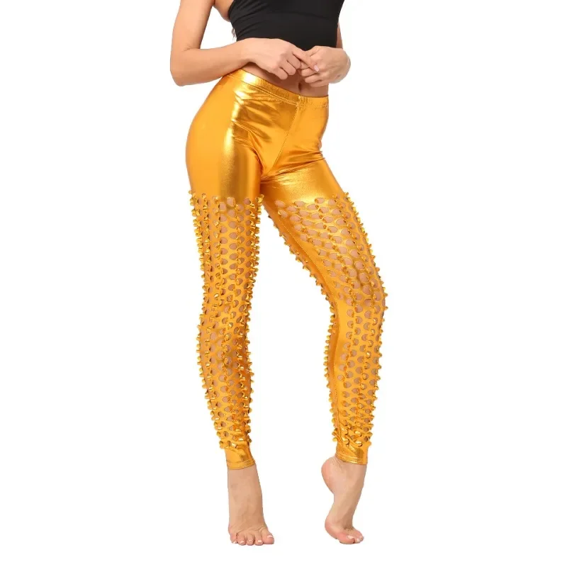 Oco sexy clubwear calças leggings brilhantes calças femininas estiramento corpo de fitness elástico magro esporte moda prata apertado rua