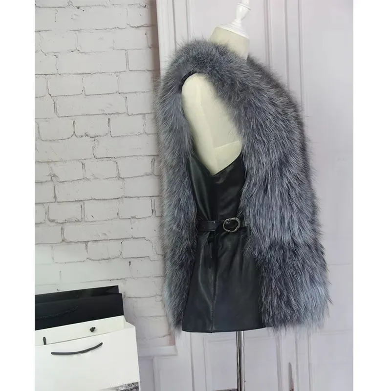 سترة فرو الثعلب الفضي سترة فرو حقيقي مع جلد النساء الشتاء الثعلب الفراء جيليه موضة جديدة الملابس النسائية الفاخرة