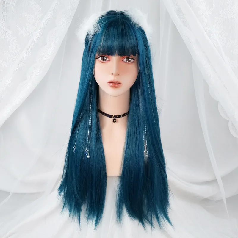 Perücke blau volle Kopfbedeckung langes glattes Haar Lolita-Besatz JK blaugrün zweidimensionale universelle ganze Oberseite
