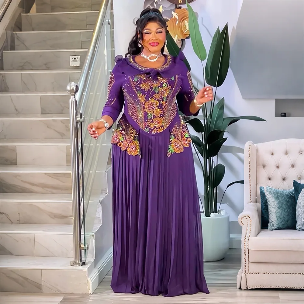 

Fashion African Dresses for Women Pleated Embroidery Maxi Party Dress Ankara Dashiki Africa Clothing Kaftan Abaya Gown Caftan