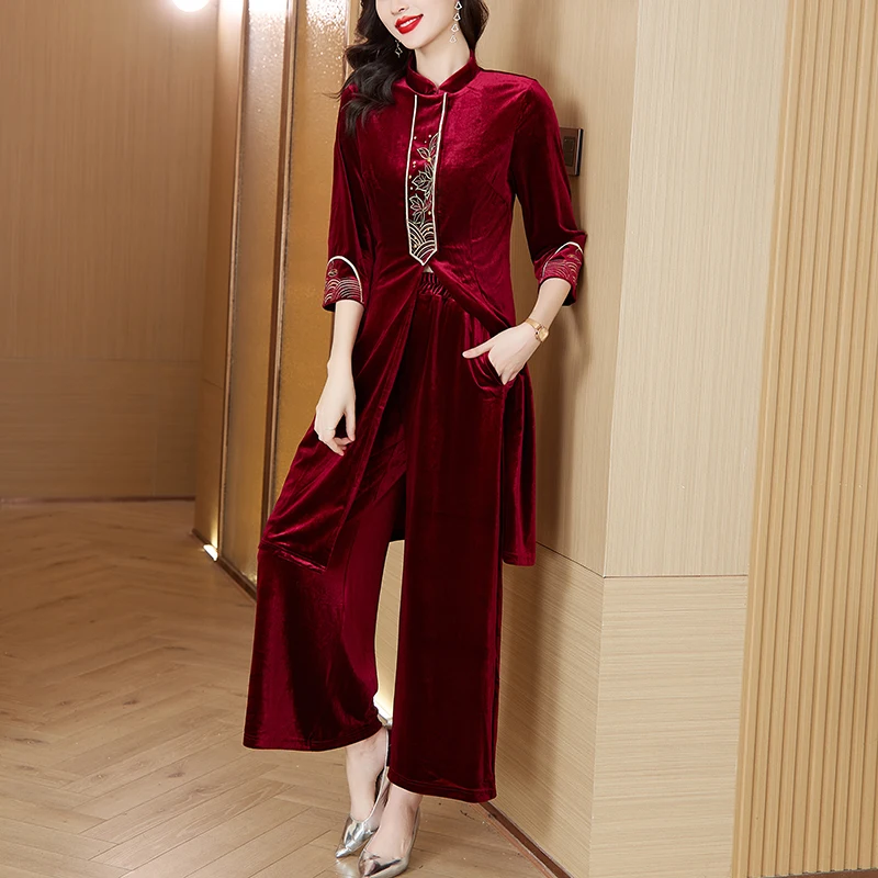 5XL Large Size Casual Sets Spring Fall Middle Aged Mother Retro Gold Velvet Pants Two Piece Suit Women Velvet Conjunto Tracksuit