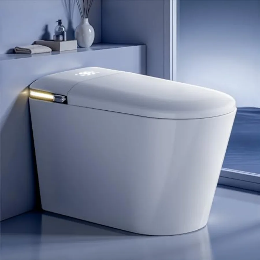 

Bathroom smart toilet with warm water sprayer and dryer, stainless steel body, white finish, tankless design with feet sensor a