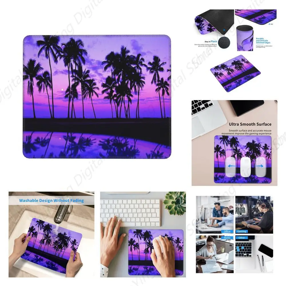 Mouse pad com padrão de pôr do sol roxo palmeira, mouse pad de borracha antiderrapante para jogos adequado para computadores e laptops domésticos de escritório