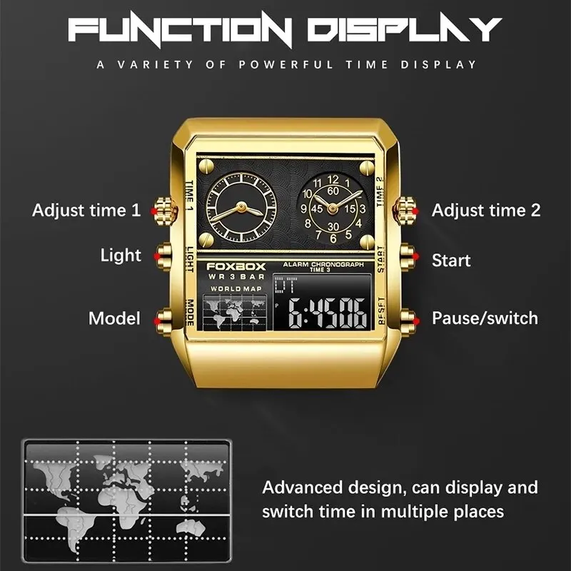 FOXBOX Nieuwe Creatieve Vierkante Horloge Mannen Topmerk Luxe Digitale Horloge Mode Dual Display Horloges Voor Mannen Relogio Masculino + BOX