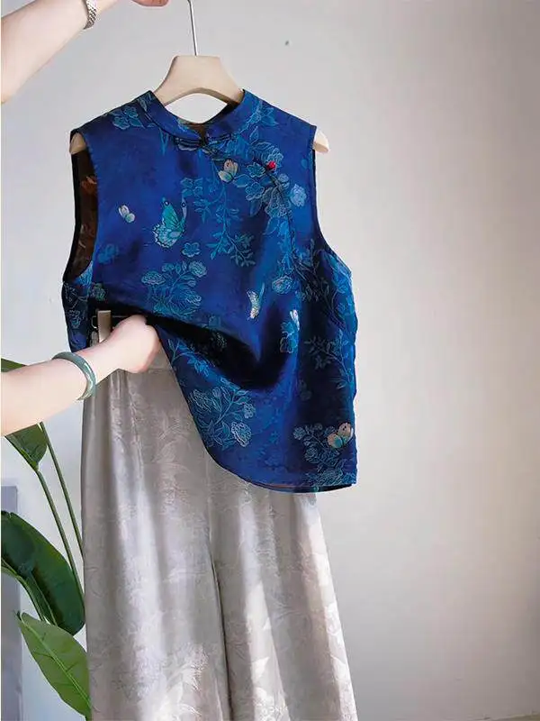 2026 Spring Fall Women Sleeveless Dobby Flroal Butterfly Blue Vest Coat , Woman Vintage Chinese Style Jacquard Vests Coats