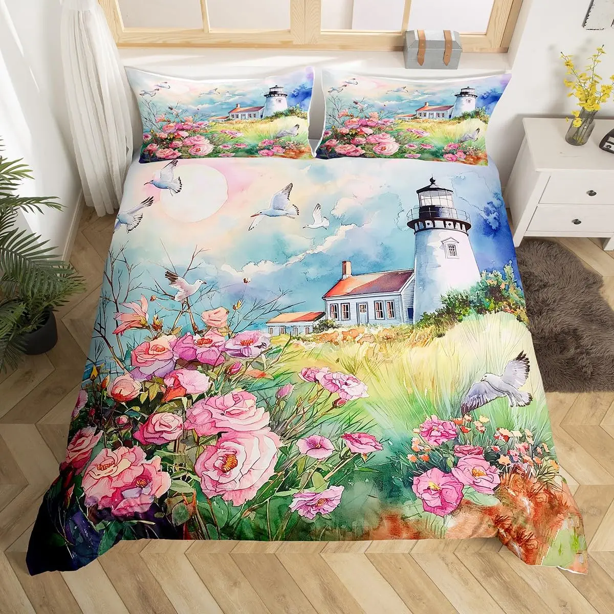 

Seaside Town Landscape Bedding Set Flowers Rustic Duvet Cover Coastal Style Island Comforter Cover Ocean Scenery Quilt Cover