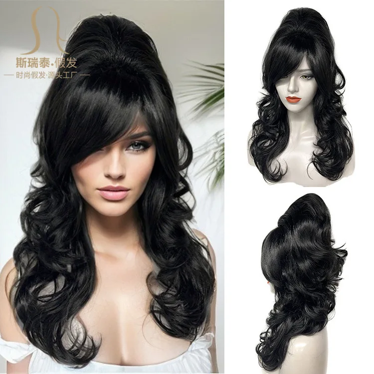 70s Retro Wig High Hat 80s Black Long Roll Ball Cos Exaggerated Performance Wig Disco Party Girl Wig