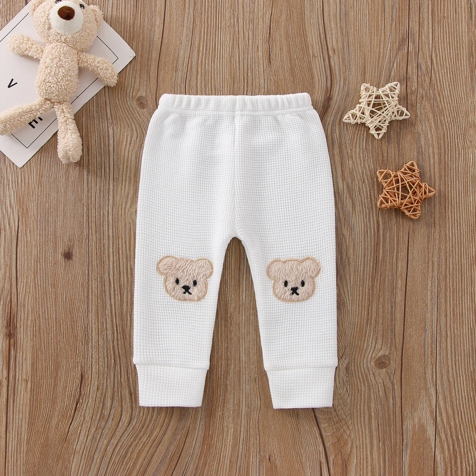 2022-08-04 Lioraitiin 0-3Years Baby Girls Boys Pants, Cartoon Bear Applique Elastic Waist Trousers, Waffle-Knit Pants