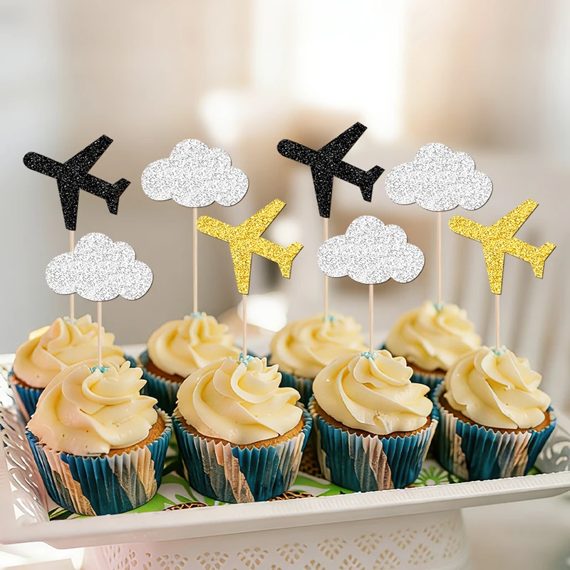 YOMDID 24 Stück Flugzeug-Kuchenaufsätze, mehrfarbig glitzernde Wolken-Flugzeug-Cupcake-Topper, Dekorationen, Kuchenaufsätze mit Reisethema – Detail 10