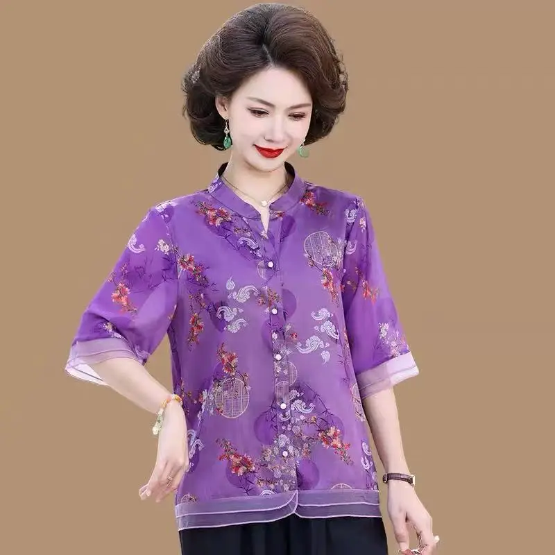 

Mother's Summer New Chinese Style Shirt Loose Vintage Mid-Sleeve Blouse