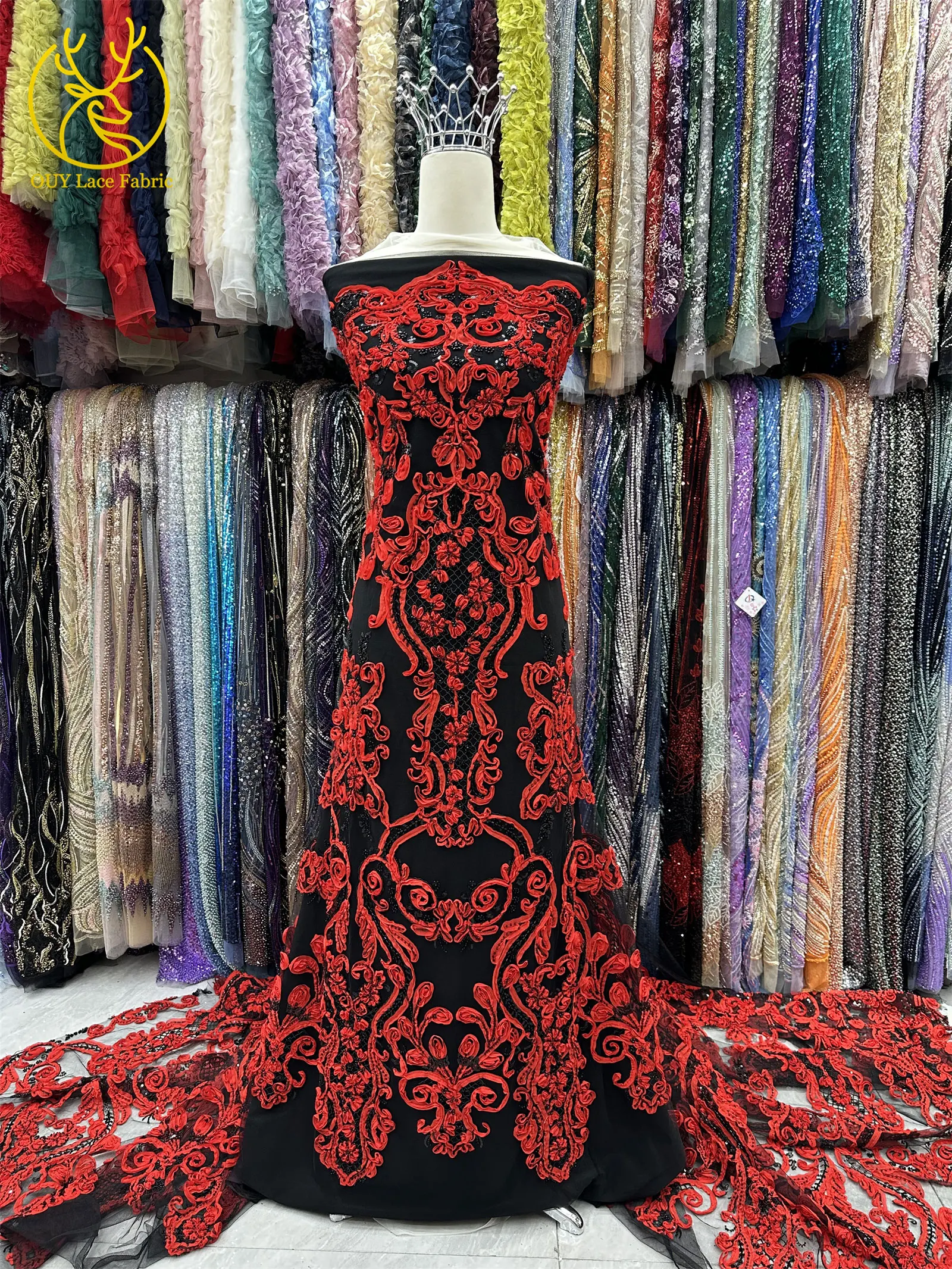 3D Afrikanischer Perlen-Spitzenstoff Schwarz Rot Luxuriöser Hochwertiger Französischer Pailletten-Tüll für Damen Abendkleid DIY Nähen 5 Yards – Detail 5