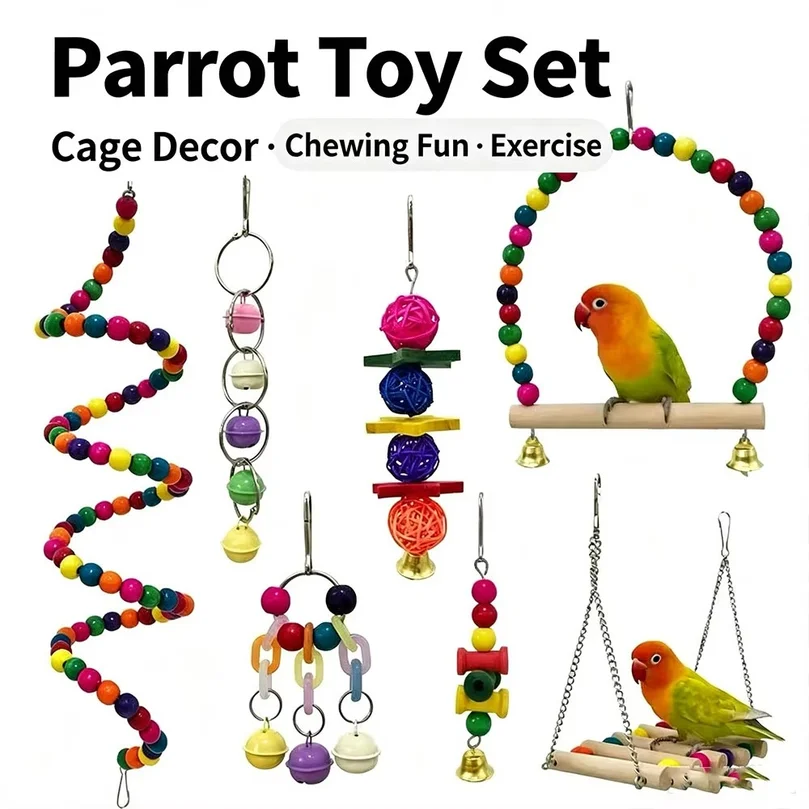 Parrot Chewing Toy Set Natural Wood Swing Ladder  Hanging Bell Toys  Bird Cage Accessories Stress Relief Play Toys