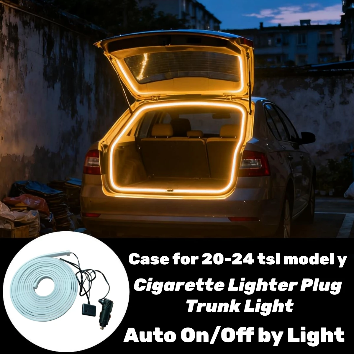 4.25M Trunk Light Strip, Cool White/Warm Yellow Ambient Lighting, Cigarette Lighter Plug, Light Sensing Case for 20-24 model y