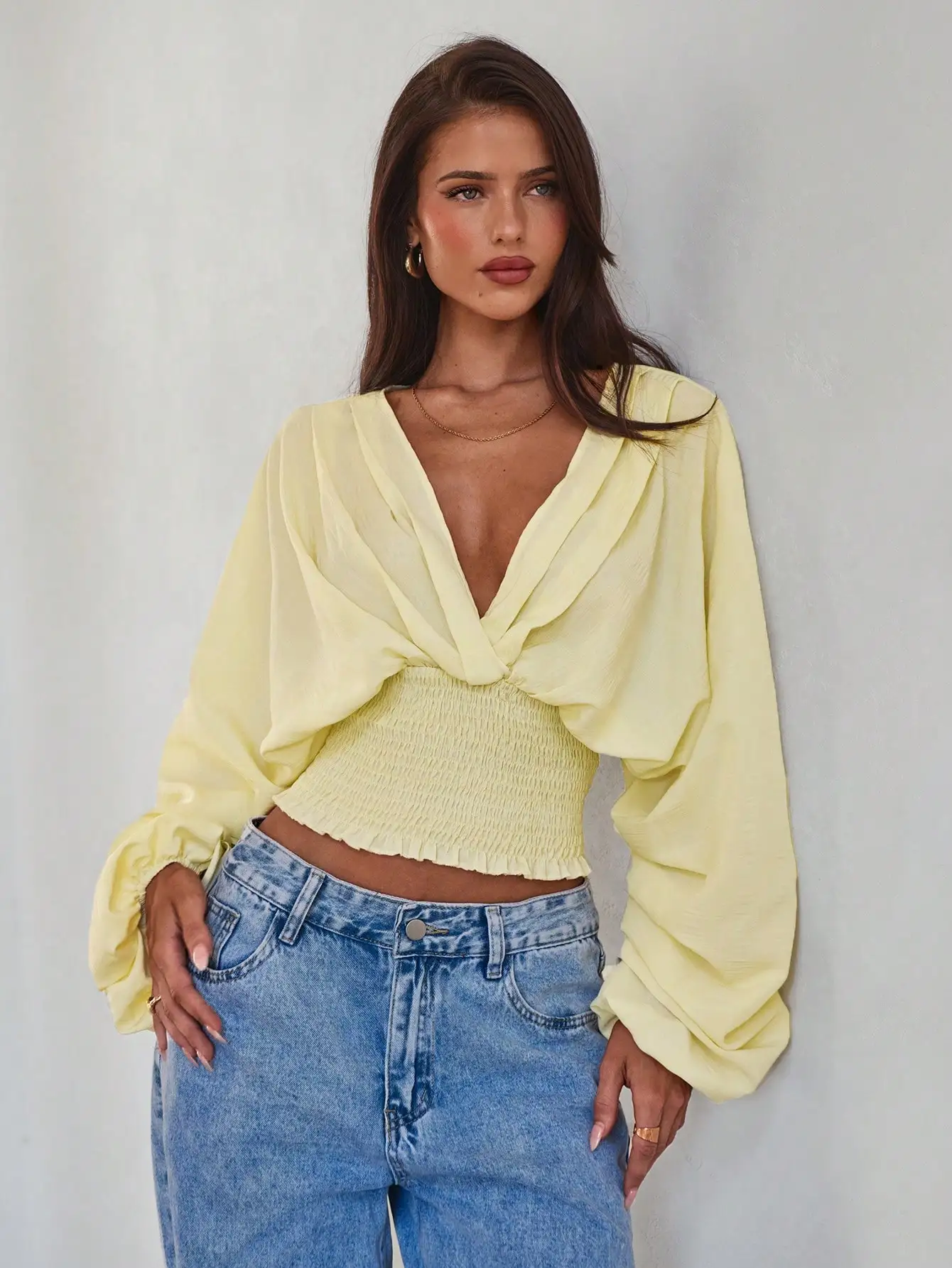 

Elegant Shirred Batwing Sleeve Cinched Waist Solid Yellow Long Sleeve Blouse