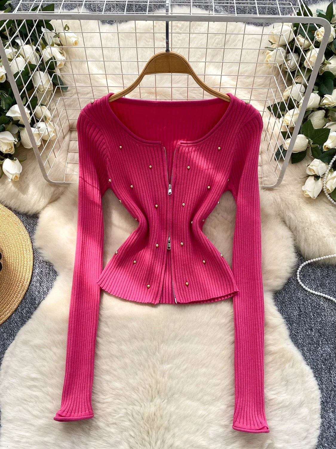 Elegant Long Sleeve Knitted Sweater Women's Zipper Diamond Embellished Slimming Fashionable Autumn Top Minimalist Style