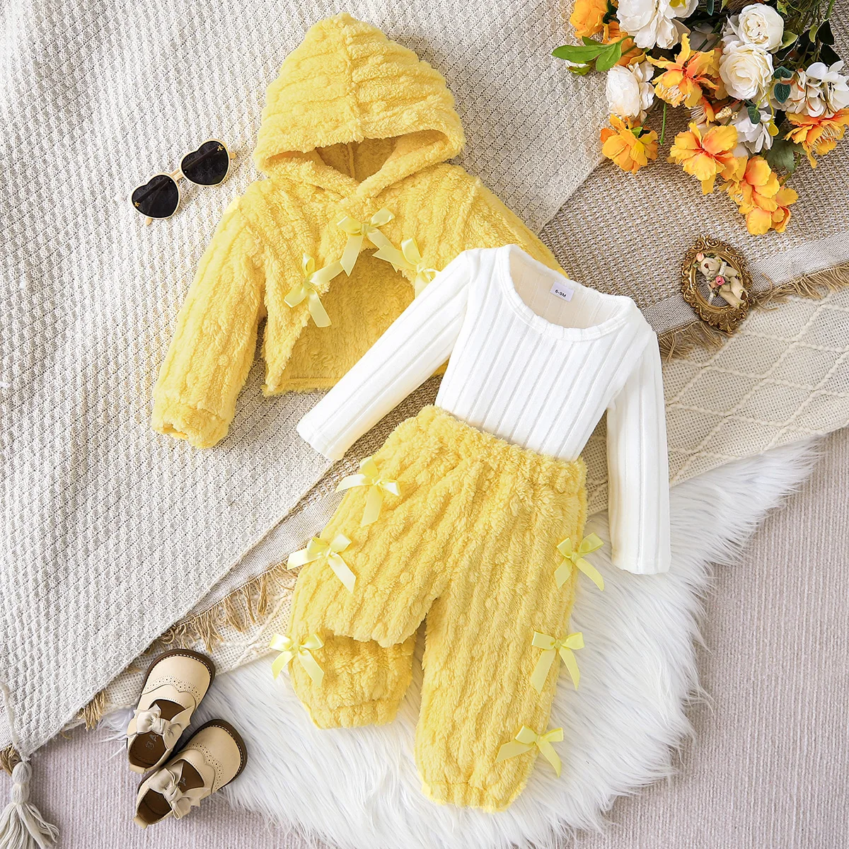 3Pcs Fall Winter Baby Girl Outfit,Cute Bow Decor Fuzzy Hooded Cropped Jacket+Ribbed Long Sleeve Top+Plush Pants Set,Sweet Warm