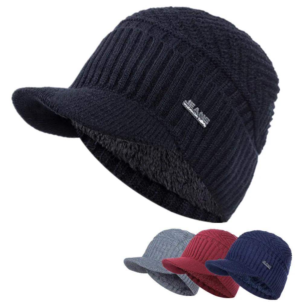 

Unisex Warm Winter Hats Stylish Add Fur Lined Soft Beanie Cap With Brim Thick Winter Knitted Hats For Men & Women Dropshipping