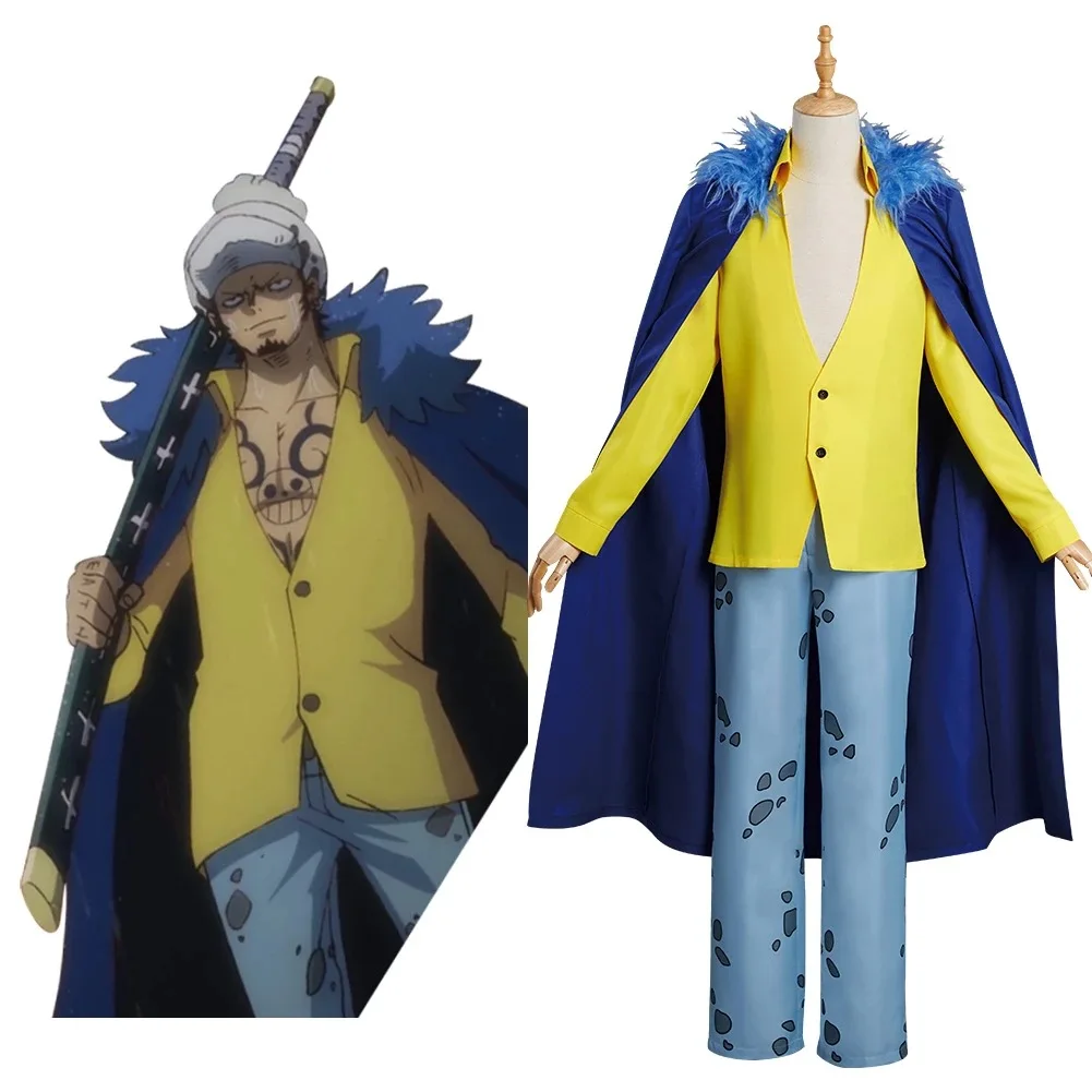 

Halloween Outfit And Hat Role Play Costume Pirate Anime Trafalgar Law Cosplay Costume for Men with Blue Cloak and Yellow Shirt