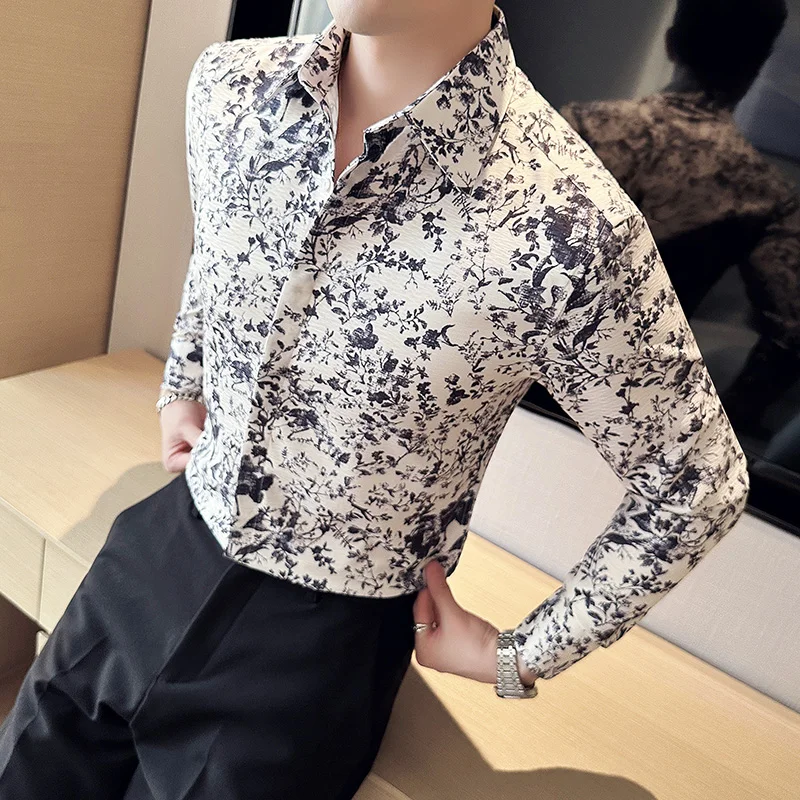 Summer Retro 3D Print Shirt Men\'s Long Sleeve Korean Casual Shirt Social Business Formal Dress Shirts Streetwear Men Clothing