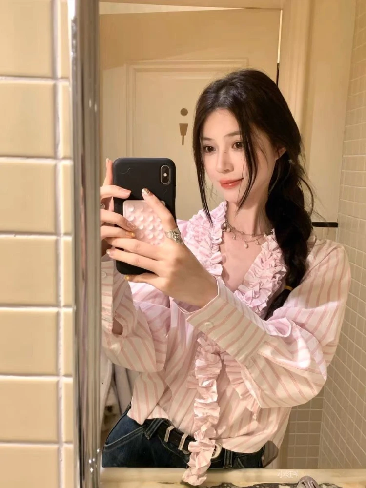 

Y2k Striped Sweet V Neck Ruffles Blouse Women Clothing Spring Fall 2025 Korean Fashion Long Sleeve Shirt Streetwear Pullover Top