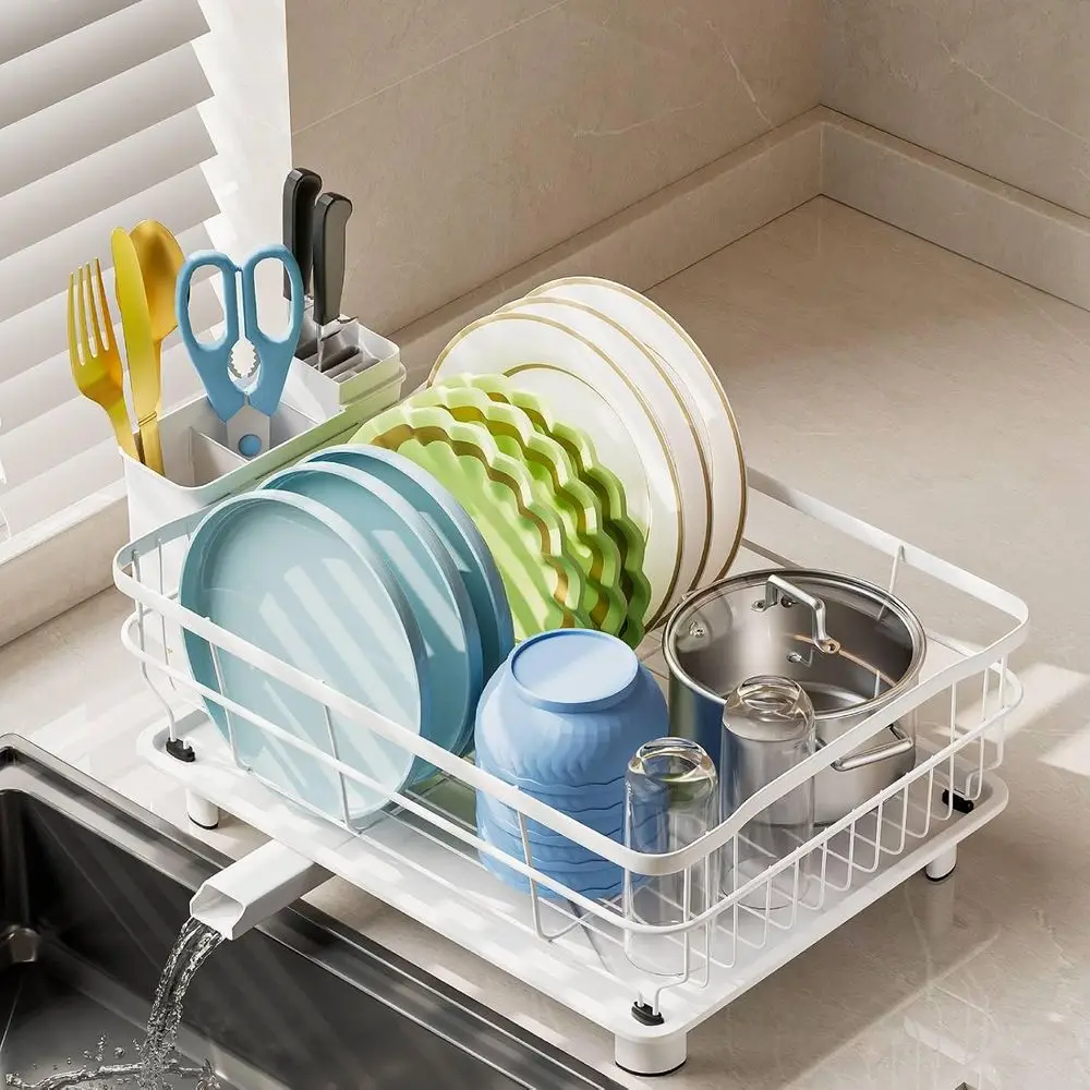 

Iron Dish Drying Rack Auto Drain Dish Drainers Kitchen Counter Strainer with Draining Tray, All White