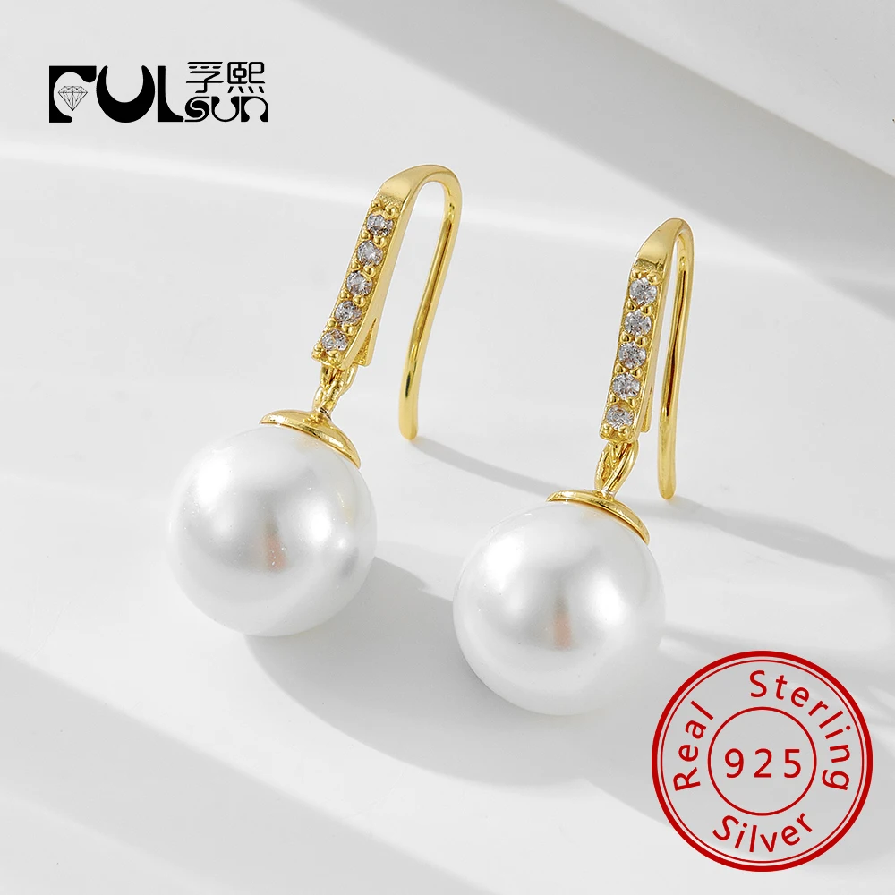 

Классические серьги-крючки из стерлингового серебра 925 пробы с позолотой 14 карат и кубическим цирконом, круглые серьги-крючки с большой ракушкой и жемчугом для женщин