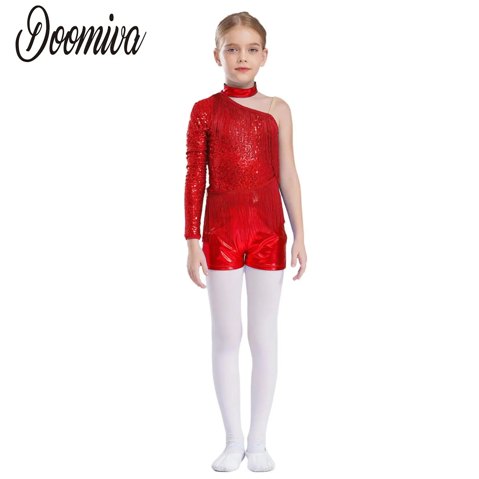 Girls Latin Ballroom Modern Dance Show Costumes Tassel Metallic Halter Jumpsuit One Shoulder Sequins Leotard Bodysuit Dresses