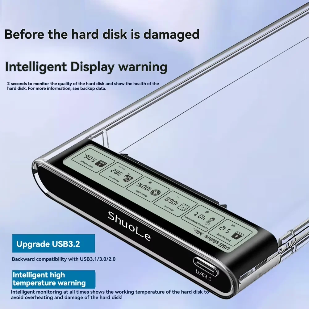 Obudowa na dysk twardy HDD SSD 2.5'' Smart Display, zewnętrzna obudowa na dysk USB3.2 Gen2, przezroczysta przenośna obudowa do przechowywania dla laptopa PC