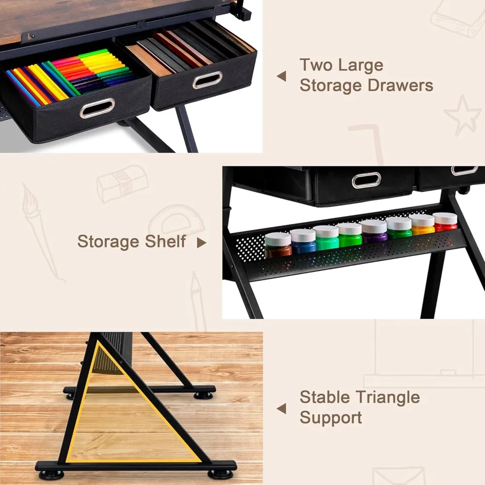 طاولة رسم قابلة للتعديل مع كراسي، طاولة رسم مائل، طاولة فنان مع أدراج تخزين، محطة عمل حرفية