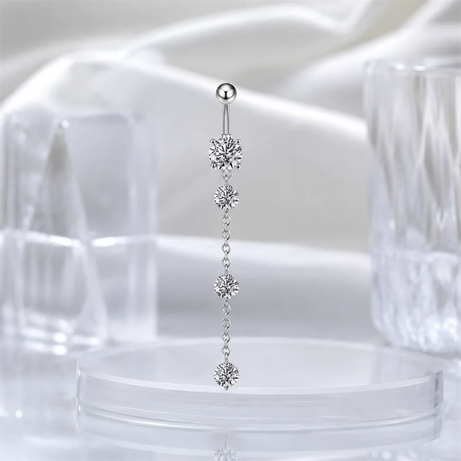 G23titan Zircon Long Chain Dangled Belly Button Rings Titanium Navel Piercing Nombril 14g Cuved Barbell Body Piercings Jewelry