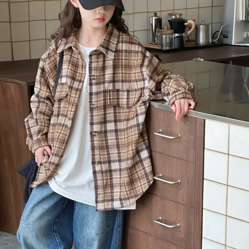 

Korean Children Girls T-shirt Autumn Plaid Turn Down Collar Soft School Girls Tops Single-breasted Long Sleeves Kids Girls Tees