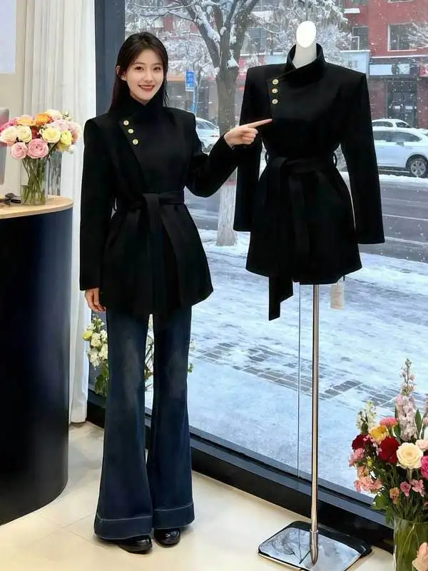 

Шерстяное пальто Hebe Sle Ele Bla с поясом на талии, модное, укороченное, зимняя верхняя одежда в корейском стиле, свободный крой, длинный рукав