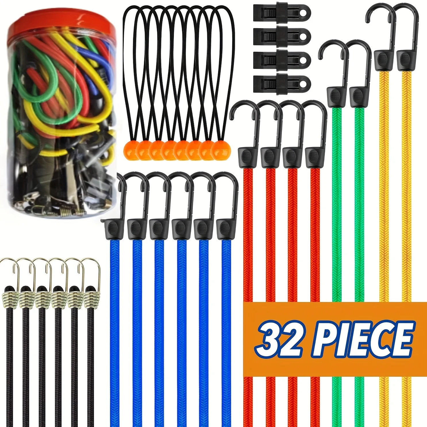 32 Piece Bungee Cords Assortment Jar Includes 10