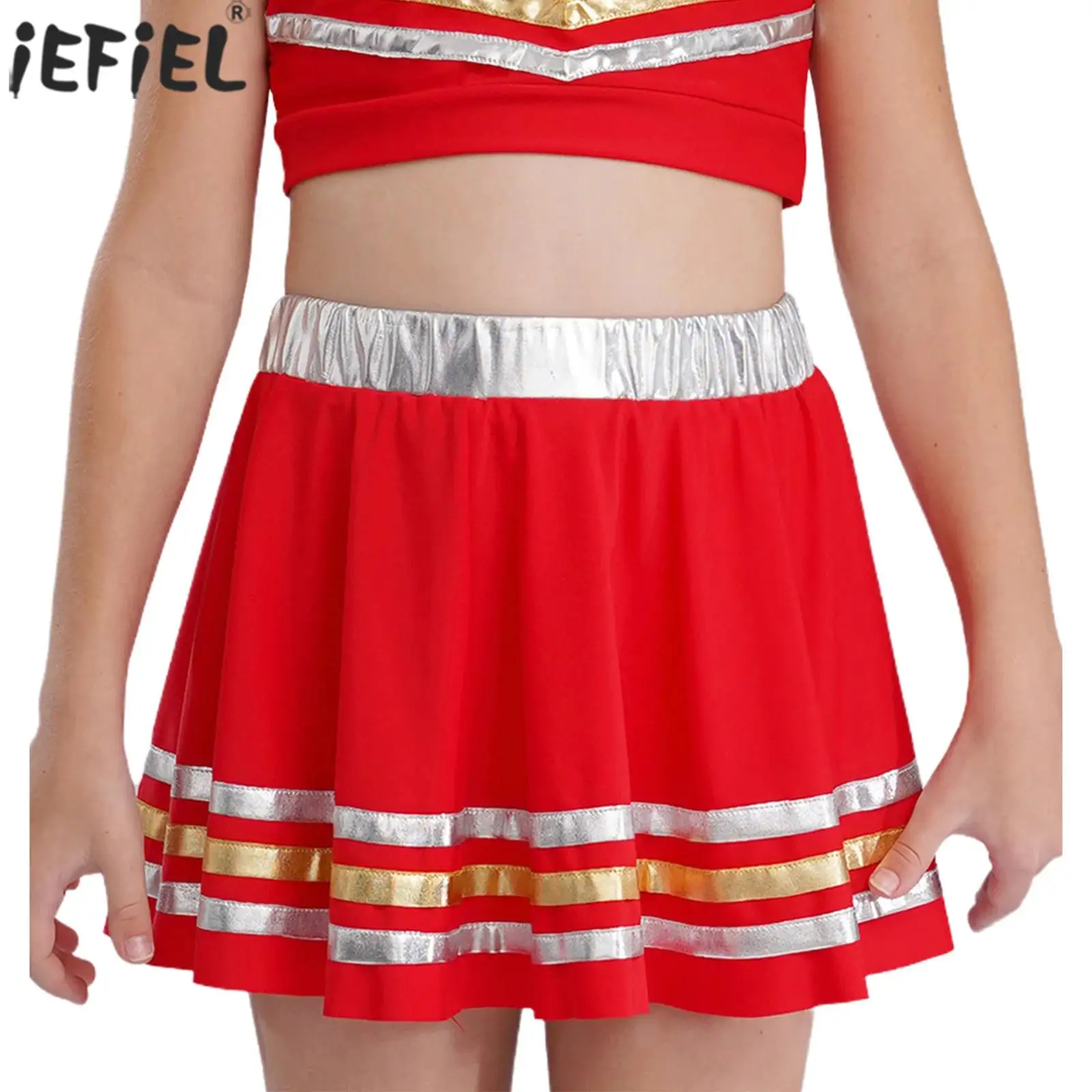 Kid Girls Jazz Dance Pleated Mini Skirts Elastic Waistband Metallic Striped Hem Scooter Skirt for Cheerleading Stage Performance