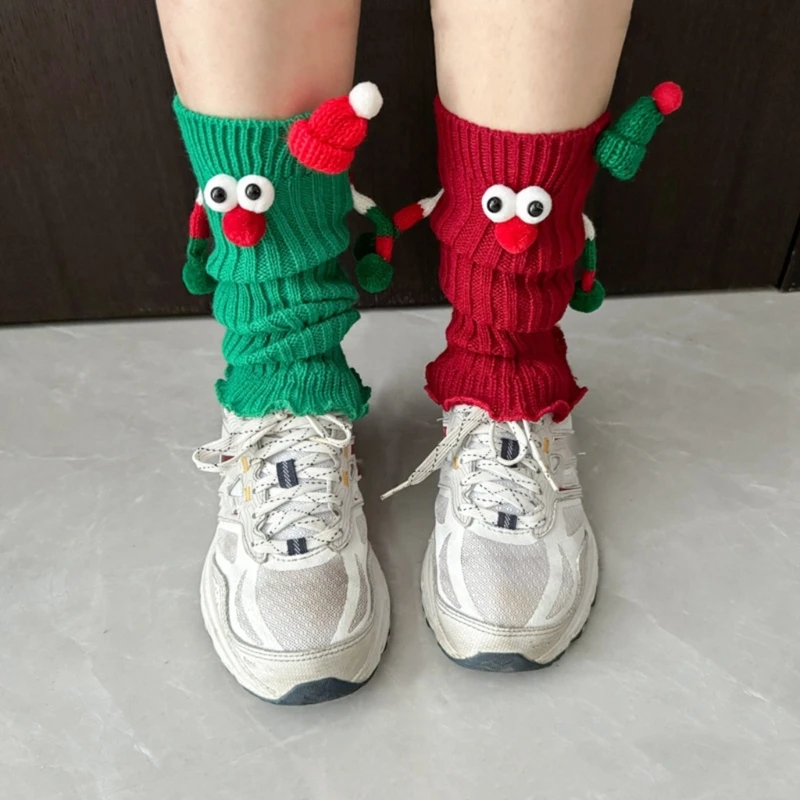 Christmas Holiday Leg Covers 3D Santa Hat Hand Holding Leg Warmers Socks with Big Curious Eyes for Women