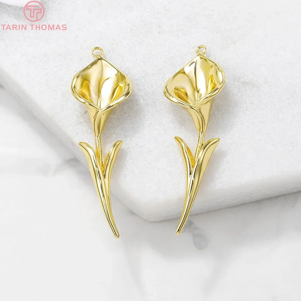 (1391)2PCS 12x37MM Hole 1MM 24K Gold Color Brass Lily Branch Charms Pendants High Quality Diy Jewelry Accessories