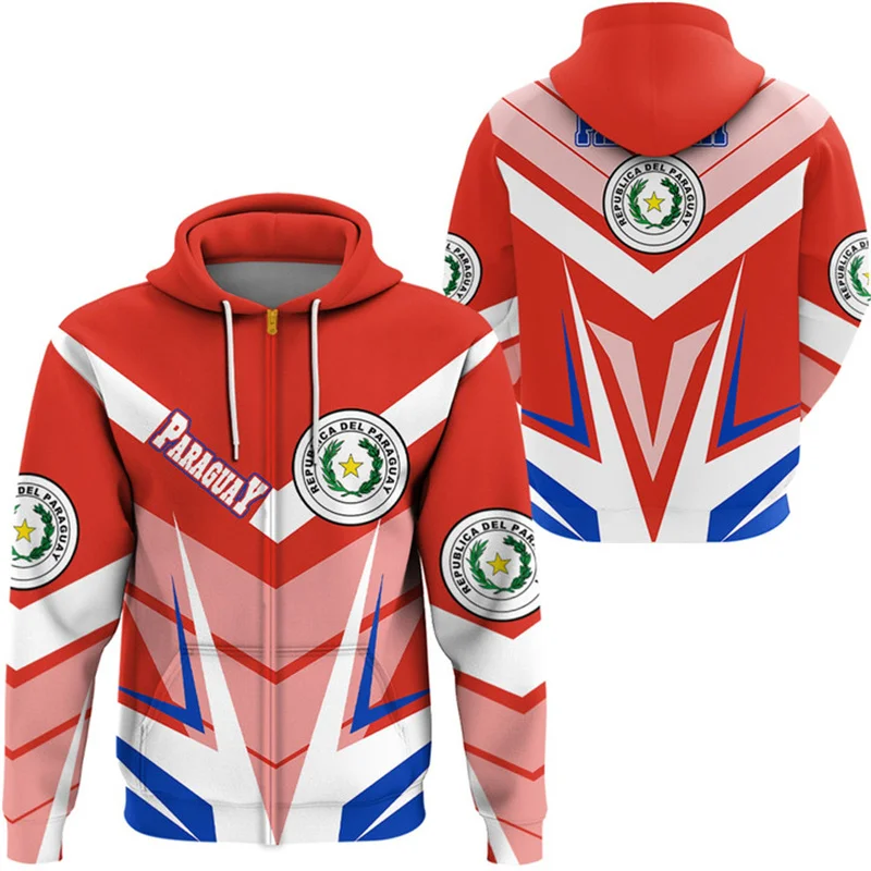 Paraguay Flag Pattern Zip Hoodies For Men Retro 3D Printed Sweatshirts Fashion Casual Oversized Zipper Pullover Long Sleeve Tops