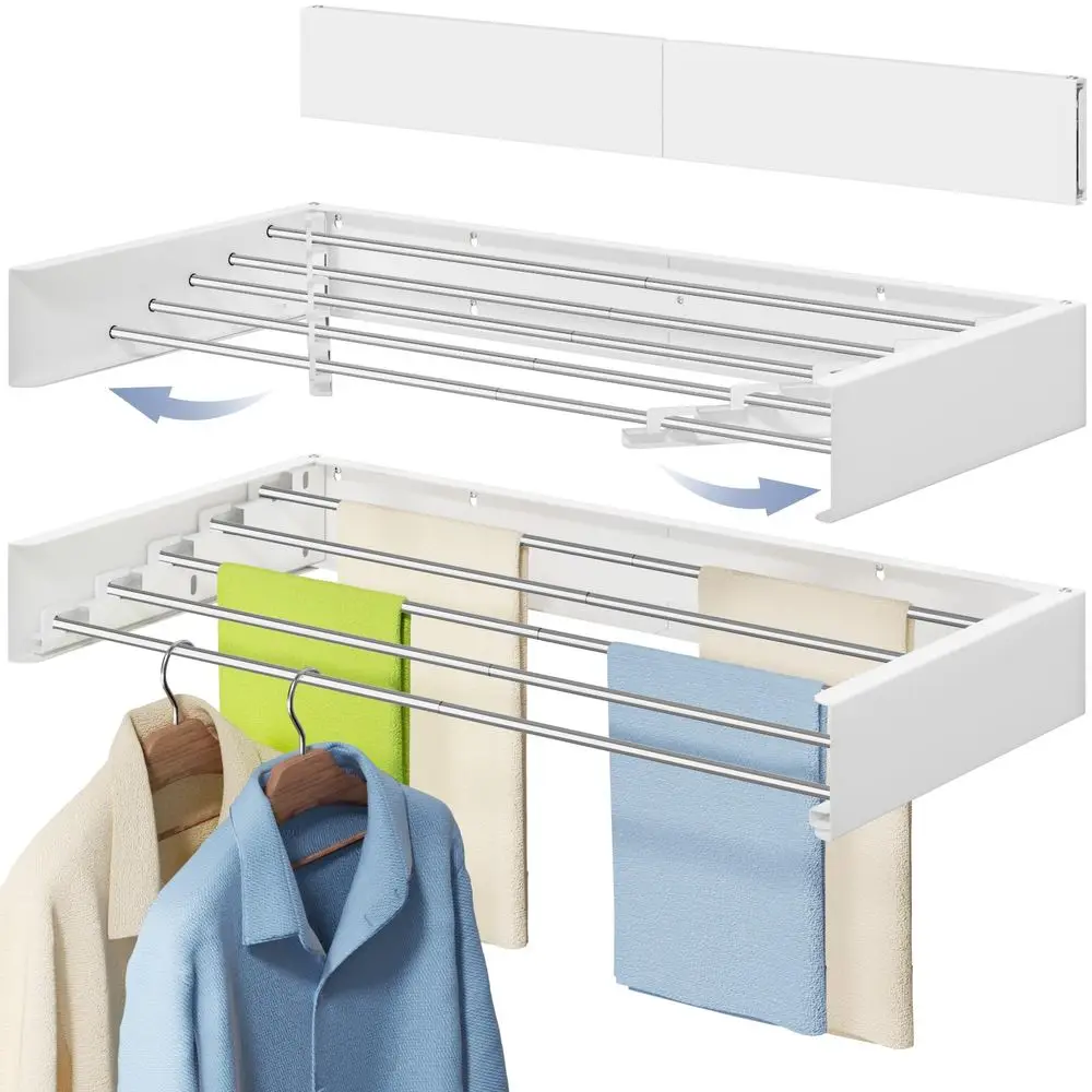 

Wall Mounted Foldable Clothes Drying Rack, 32Inch Wide, 5 Stainless Steel Rods, SpaceSaving Laundry Drying Rack with Wall Templa
