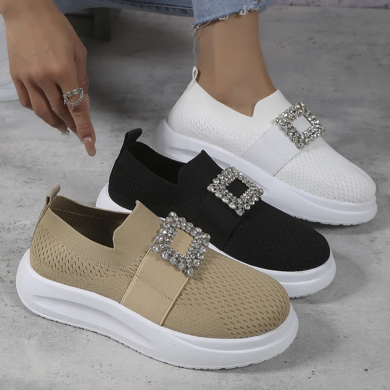 2023 Summer Women Square Buckle Rhinestone Luxury Fashion Silk Satin Platform Shoe Sneakers Woman Loafer Mesh breathable