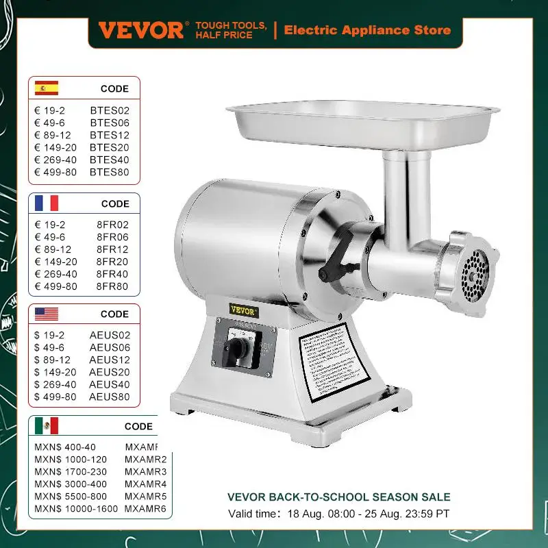 Vevor 250 kg/h máquina moedor de carne elétrica 1100w comercial portátil aço inoxidável chopper processadores alimentos eletrodomésticos