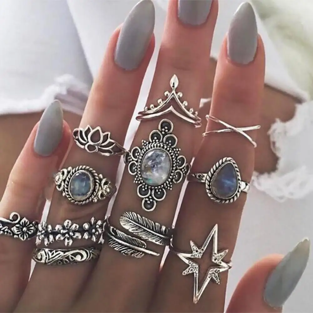 Vintage Women Crystal Finger Knuckle Rings Set Faux Gem Inlaid Gothic Aesthatic Vintage Antique Silver Color Rings Sets 11Pcs